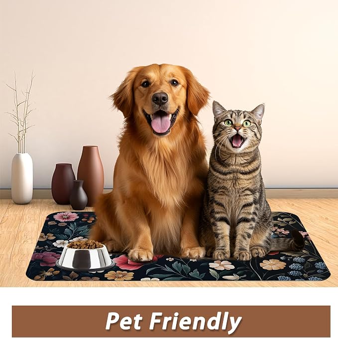 Floral Boho Dog Cat Food Mat, Non-Slip Water Bowl Placemat, Indoor Pet - Image 6