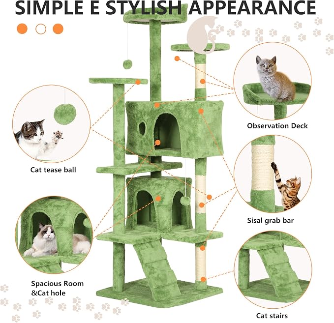 BestPet | 70" Cat Tree Tower | Green | Sturdy, Hanging Cat Toys, Observation - Image 6