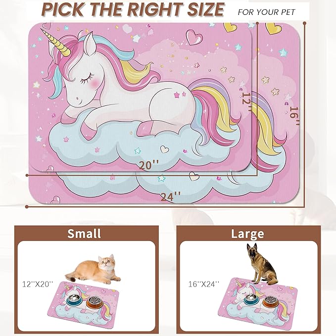 Cute Unicorn Dog Food Mat for Floors, Cloudy Pink Stars Absorbent Pet Food and - Image 2