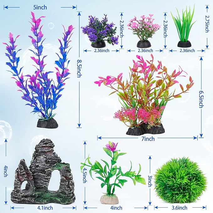 Ameliade Aquarium Artificial Plastic Plants Decorations and Rock Cave Decor Set - Image 2