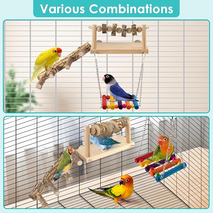 4 Pcs Bird Perch with Swing, Parrot Perches Platform with Chew Blocks, Natural - Image 5