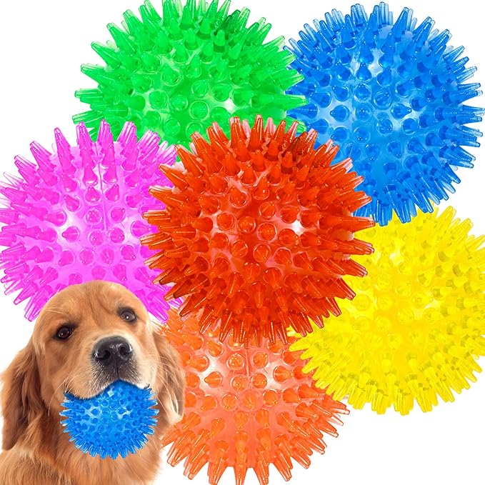 6-Pack 3.5” Squeaky Dog Balls, Durable Soft Spiky Chew Rubber Fetch Toy Balls by LECHONG