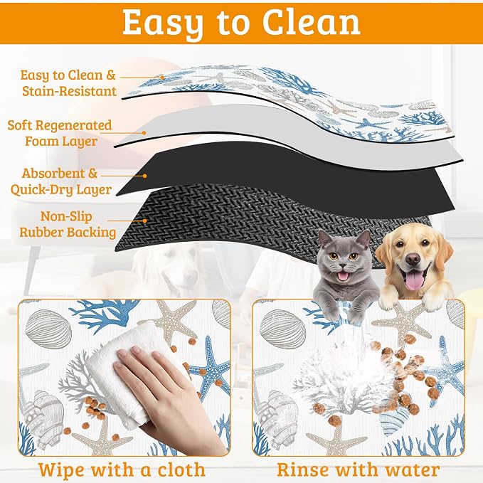 Seashell Beach Feeding Mat, Coral Starfish Absorbent Quick-Dry Cat Dog Food and - Image 5