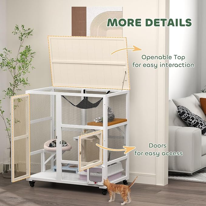 PawHut Indoor Wooden Catio, Cat House Cat Enclosure on Wheels - Image 6