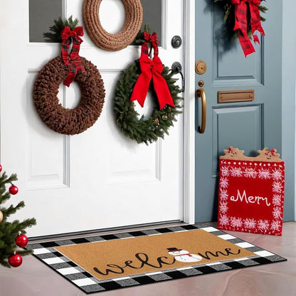 Tinideya 2 Pcs Winter Door Mat Snowman Welcome Non Slip Coir Mats Snow Black - Image 6