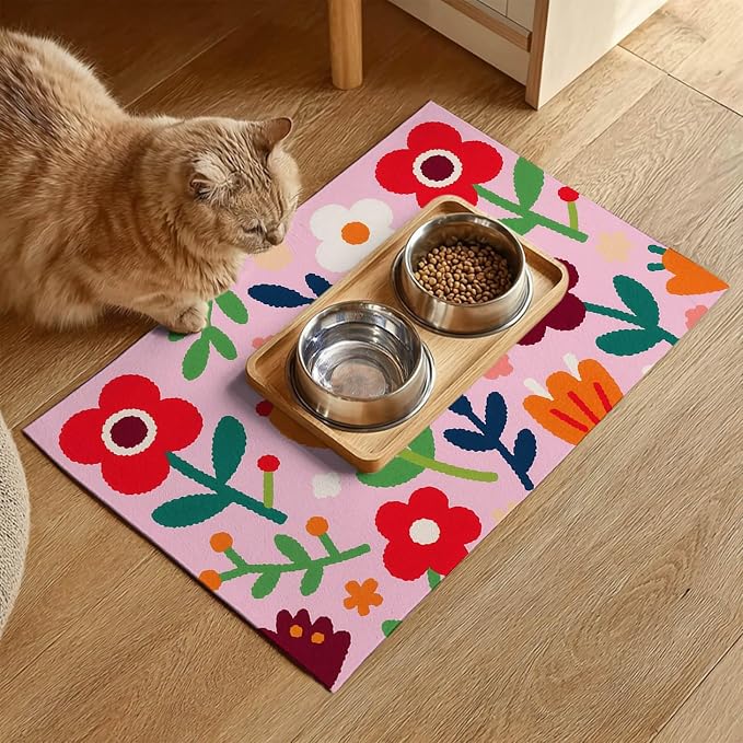 Pet Feedings Mats 20x12 inch Floral Print Pet Bowl Placemat Non Slip Mat - Image 2