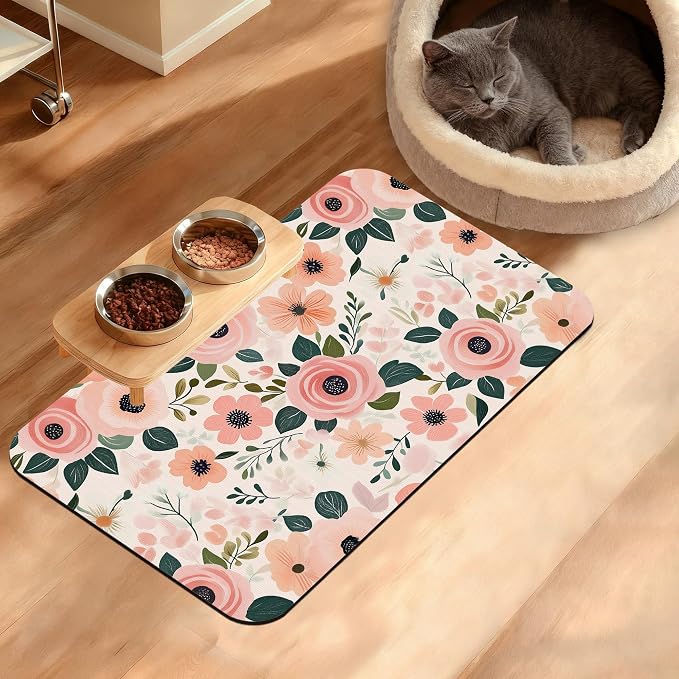 Dog Bowl Mat, Blooming Flowers Pet Feeding Mat by Unknown