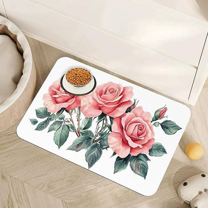 Pink Rose Pet Feeding Mat, Vintage Absorbent Quick-Dry Cat Dog Food and Water by Unknown