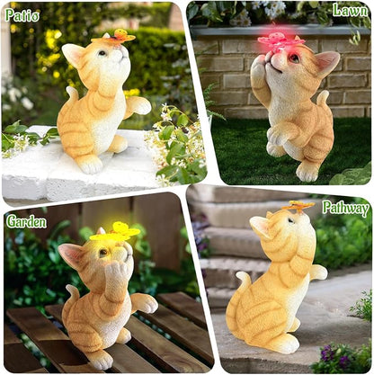 Solar Garden Statue Cat Figurine, Resin Cat Statue Playing Butterfly, Outdoor - Image 3