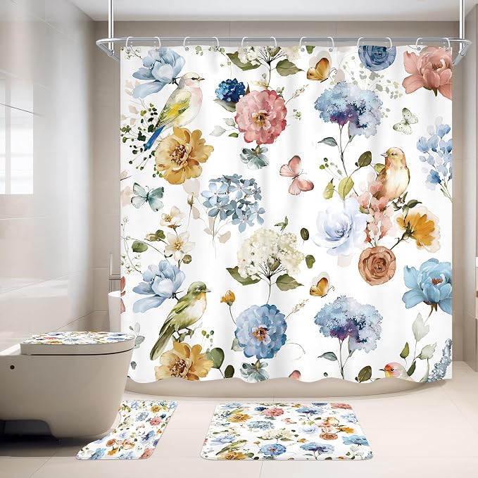 4 PCS Blue Floral Birds Bathroom Set - Image 3