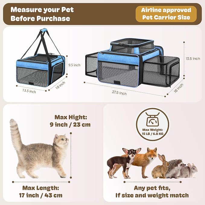 Top and 2 Sides Expandable Cat Carrier 18x13.5x9.5, TSA Airline Approved Dog - Image 4