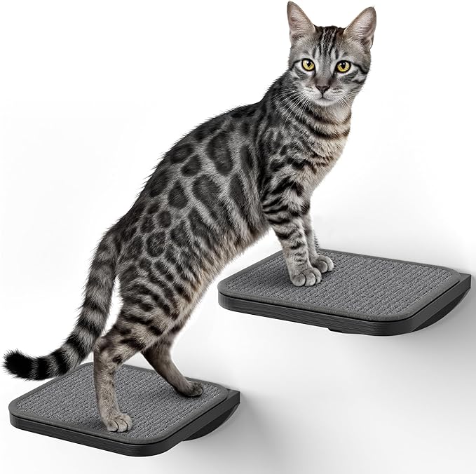 Grey Sisal-Padded Cat Wall Steps, Floating Wooden Cat Perch and Climbing Step by PELUOMOZ