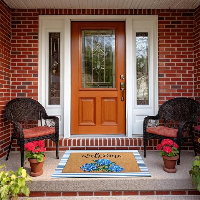 Tinideya 2 Pcs Hydrangea Door Mat Blue and White Stripe Welcome Non Slip Flower - Image 4