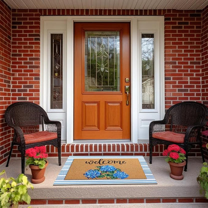 Tinideya 2 Pcs Hydrangea Door Mat Blue and White Stripe Welcome Non Slip Flower - Image 4