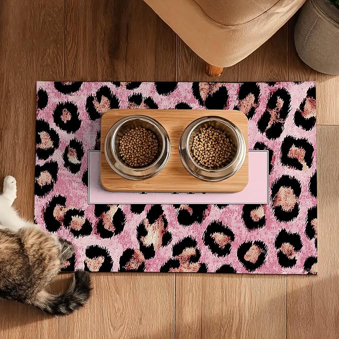 Puppy Feeding Mat 24x16 inch Pink Leopard Print Pet Bowl Placemat Non Slip - Image 5