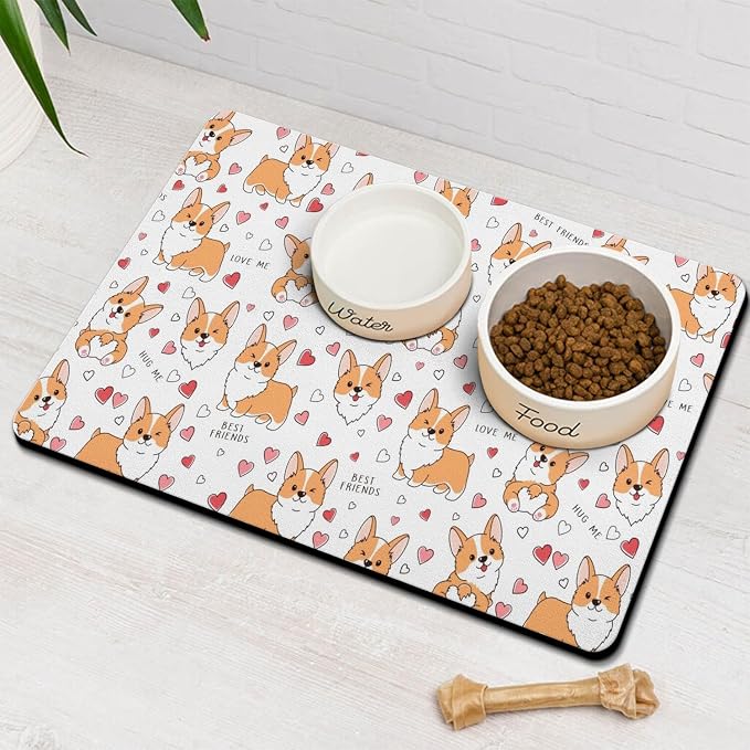 Corgi Dog Food & Water Mat, Pet Feeding Mat by Stunnoosy