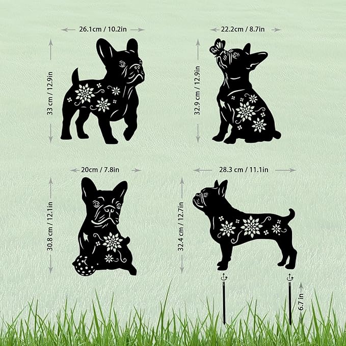 4 Pack Bulldog Metal Garden Decorative Stakes, Weather Proof Puppy Silhouette - Image 4