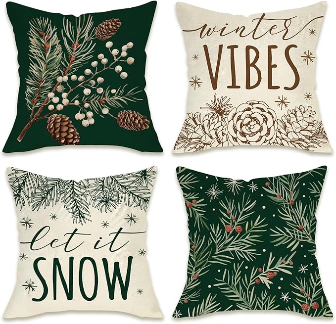 Fahrendom Winter Vibes Green Decorative Throw Pillow Covers 18 x 18 Set of 4 by Fahrendom