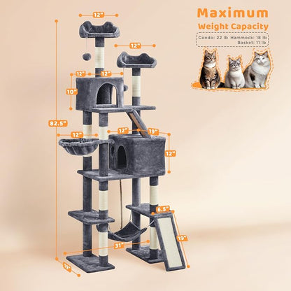 Yaheetech Cat Tree, 82.5in Large Tower w/Hammock, 2 Kitty-Ear Perches, 2 Cozy - Image 3