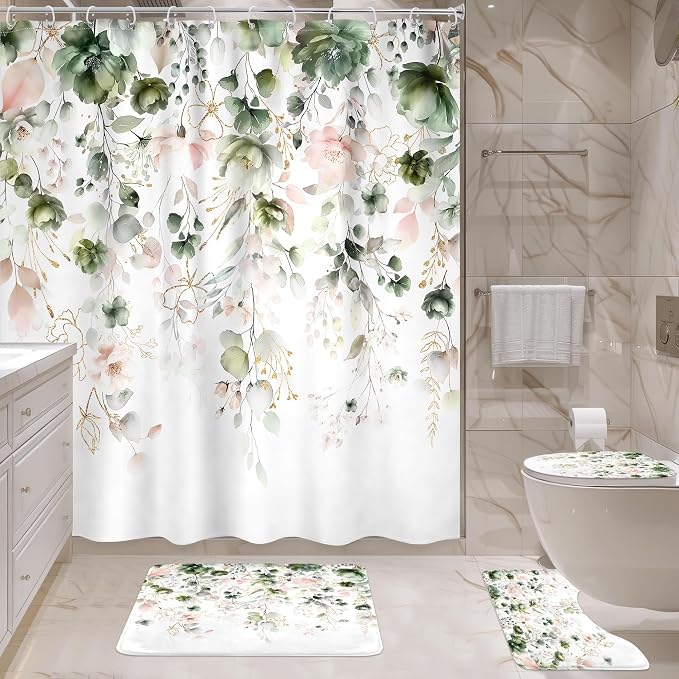 4 PCS Green Pink Floral Flower Shower Curtain Set 72Wx72H Inch Watercolor - Image 3