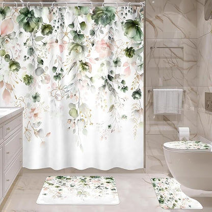 4 PCS Green Pink Floral Flower Shower Curtain Set 72Wx72H Inch Watercolor - Image 3