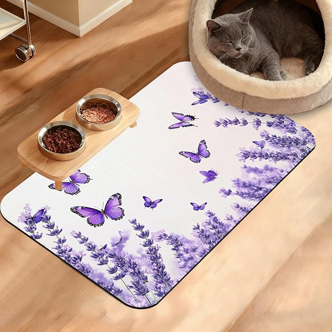 Pet Feeding Mat, Lavender Butterfly Absorbent Dog Cat Food Mat Purple Dog Mat by Unknown