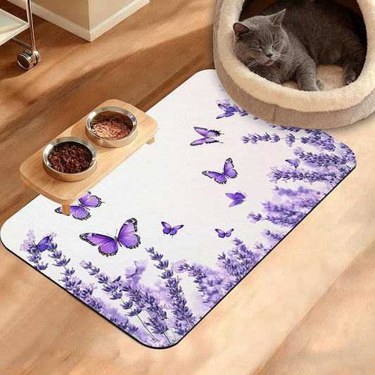 Pet Feeding Mat, Lavender Butterfly Absorbent Dog Cat Food Mat Purple Dog Mat by Unknown