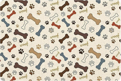 Dog Feeding Mat 24 x 16 Inch, Neutral Paw Bone Woof Dog Placemat Absorbent by Romart