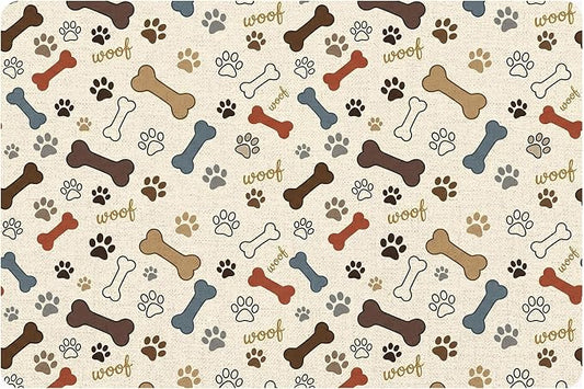 Dog Feeding Mat 24 x 16 Inch, Neutral Paw Bone Woof Dog Placemat Absorbent by Romart