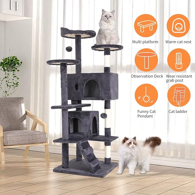 BestPet | 54" Cat Tree Tower | Ashy | Sturdy, Hanging Cat Toys, Observation - Image 5