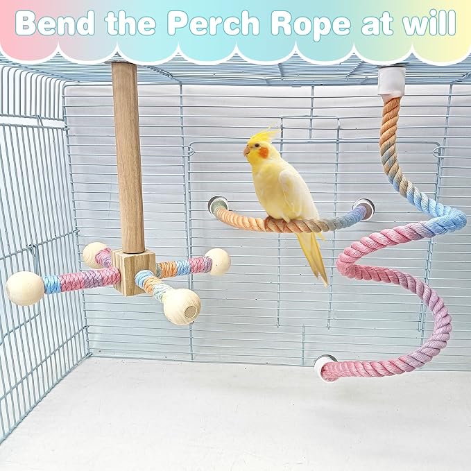 BNOSDM Bird Rope Perch with Stand Perch Toy Set Bendable Rope Perches Wooden - Image 4