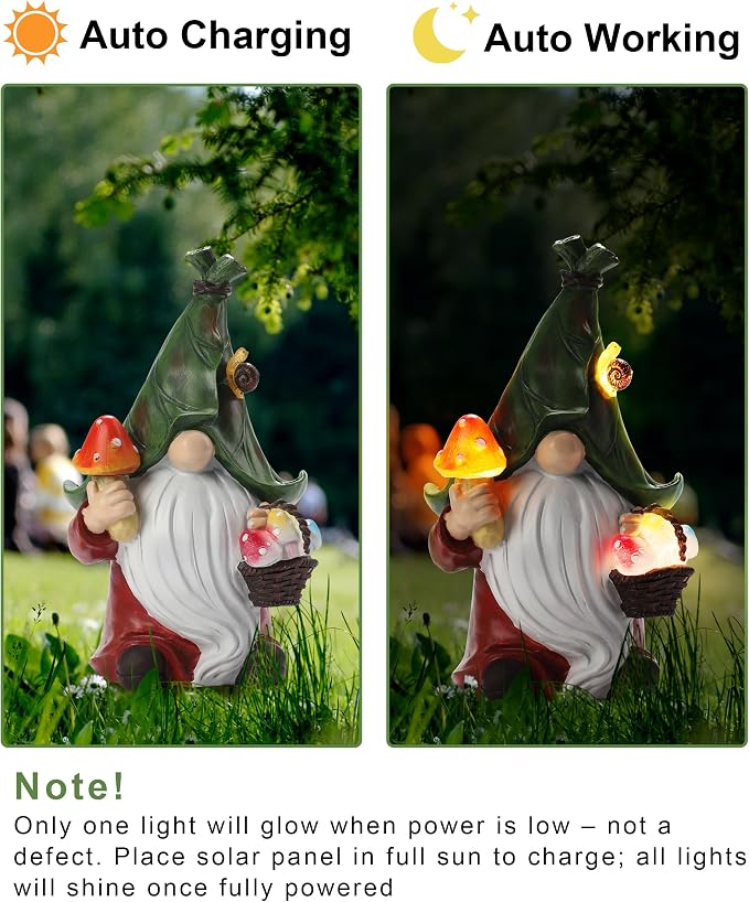 Mushroom-Picking Gnome Solar Garden Statue - Image 2