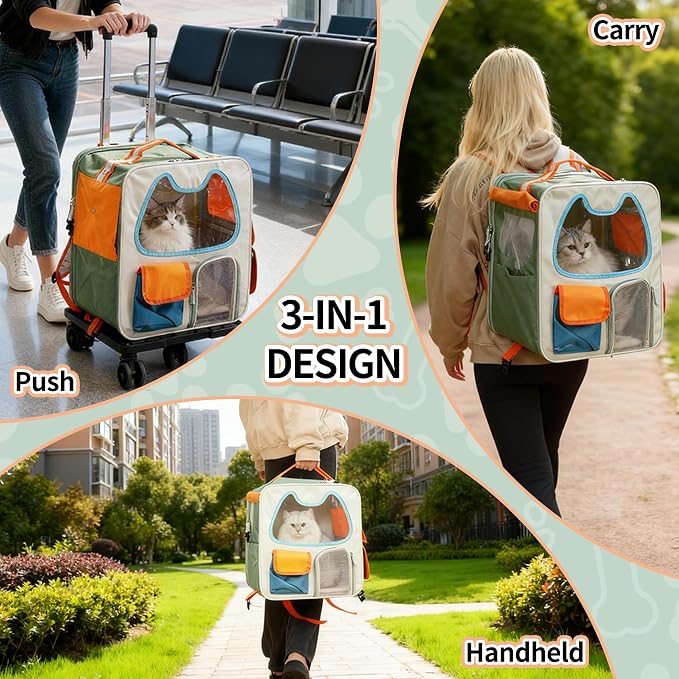 Cat Carrier with Wheels Airline Approved, Removable Pet Carrier Outdoor on - Image 3