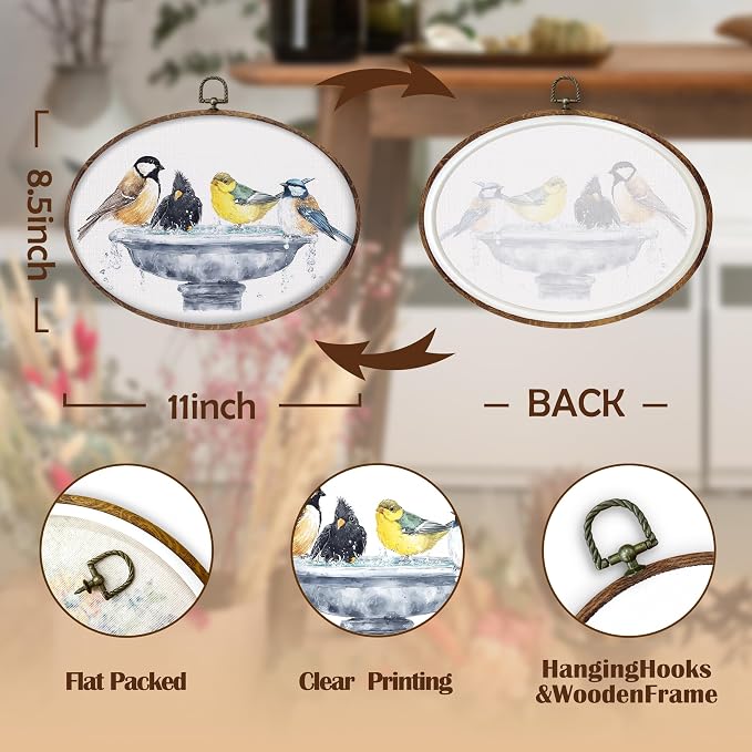 DILSJ Bird Oval Wall Art Decor, Country Bird Bath Canvas Wall Art Framed - Image 7