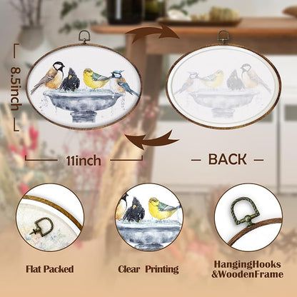 DILSJ Bird Oval Wall Art Decor, Country Bird Bath Canvas Wall Art Framed - Image 7