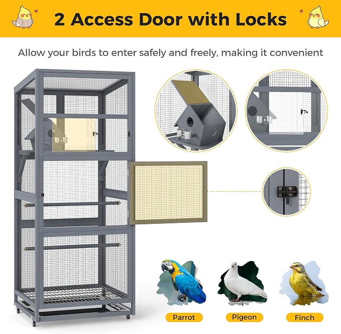 Coziwow 68" H Large Wood Bird Cage on Wheels, Outdoor Bird Aviary Indoor Wooden - Image 6