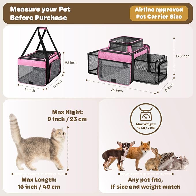 Top and 2 Sides Expandable Pet Carrier 17x11x9.5, TSA Airline Approved Small - Image 4