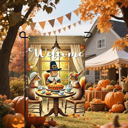 Welcome Garden Flag Autumn Garden Flag Adorable Squirrels Tea Party Decorative - Image 6