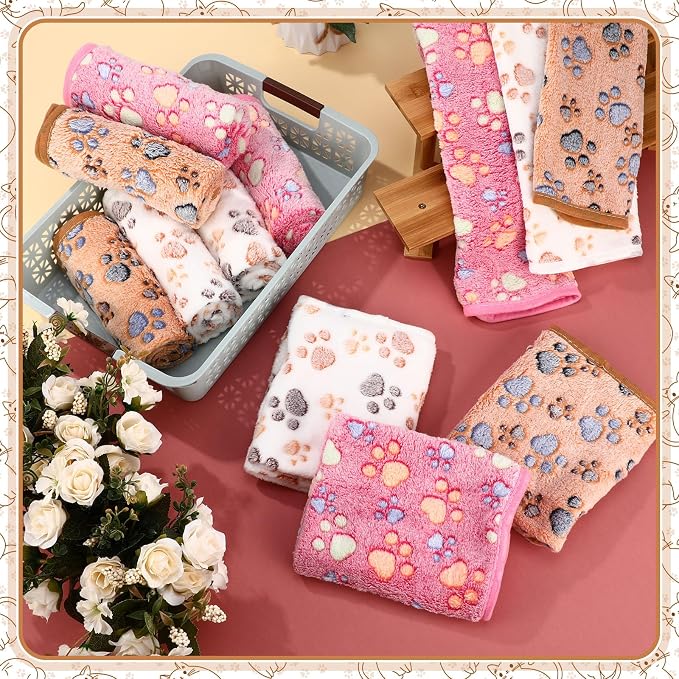 Tegeme 12 Pcs Pet Blankets Soft Fluffy Fleece Dog Cat Warm Paw Print Pattern - Image 7