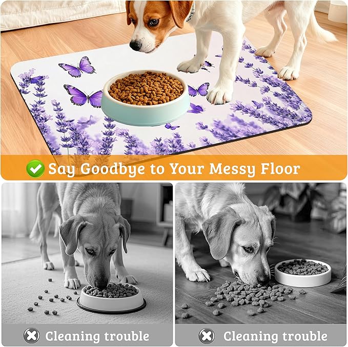 Pet Feeding Mat, Lavender Butterfly Absorbent Dog Cat Food Mat Purple Dog Mat - Image 4