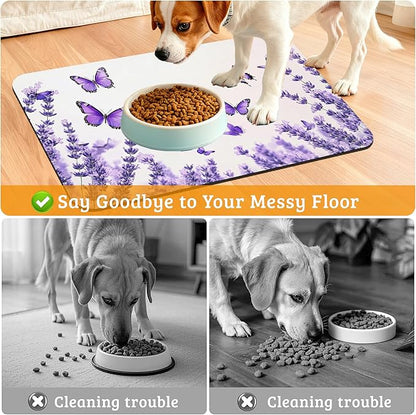 Pet Feeding Mat, Lavender Butterfly Absorbent Dog Cat Food Mat Purple Dog Mat - Image 4