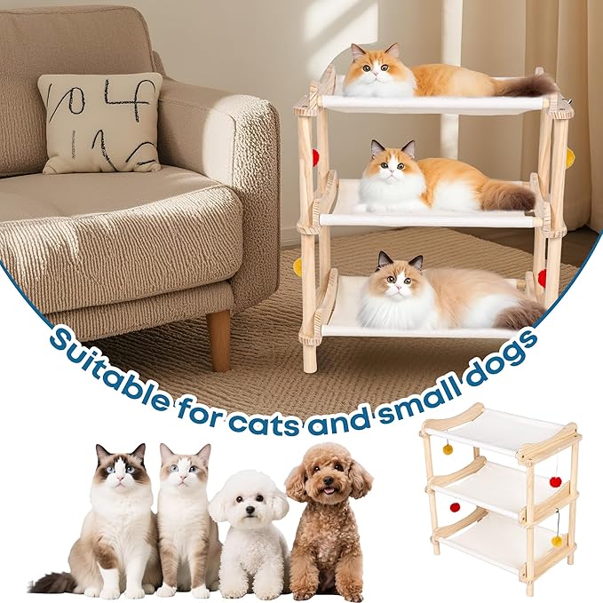 Large 3-Layer Cat Hammock Bed, Breathable Washable Covers, Wooden Pet Furniture - Image 8