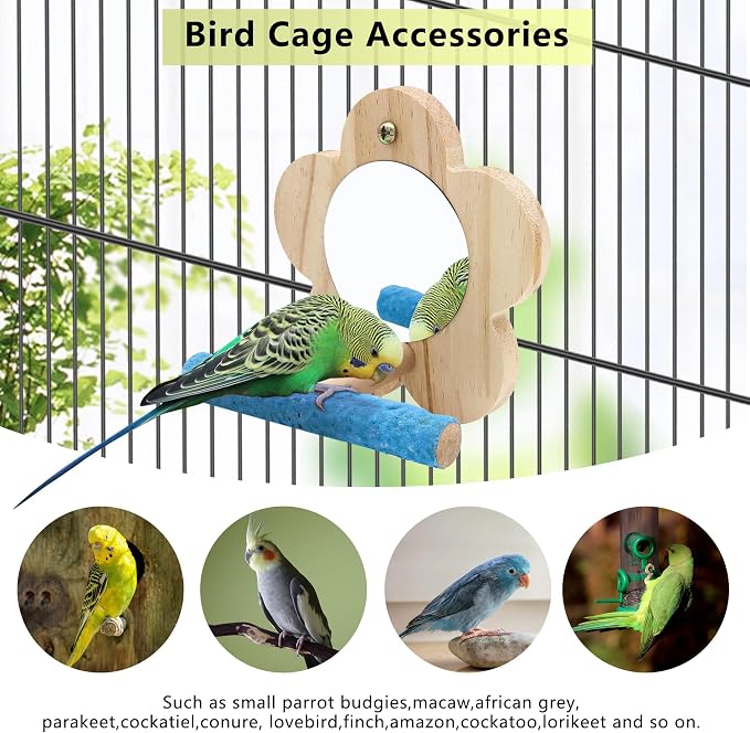 Small Bird Mirror Parrot Swing, Wooden Parakeet Perches Flower Interactive Play - Image 5