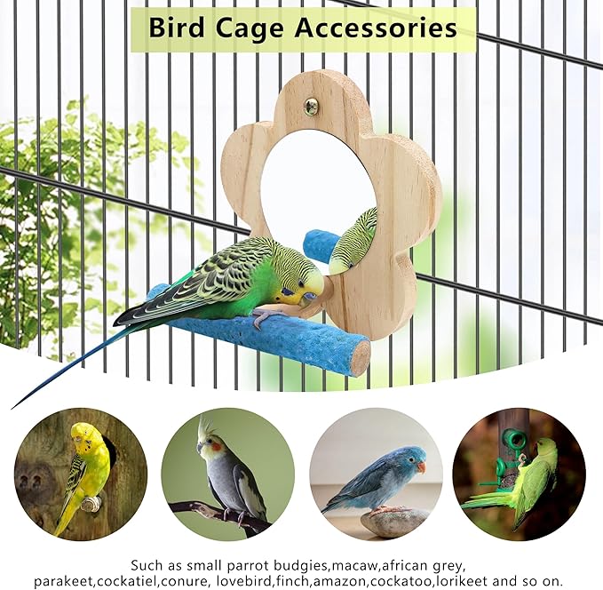 2Pcs Small Bird Mirror Parrot Swing, Wooden Parakeet Perches Flower Interactive - Image 5