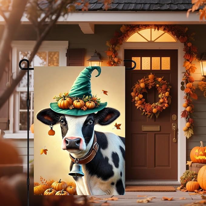 Happy Fall Garden Flag Halloween Flag Cute Cow Calf 12x18 Inch Witch Hat - Image 5