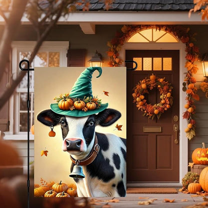 Happy Fall Garden Flag Halloween Flag Cute Cow Calf 12x18 Inch Witch Hat - Image 5