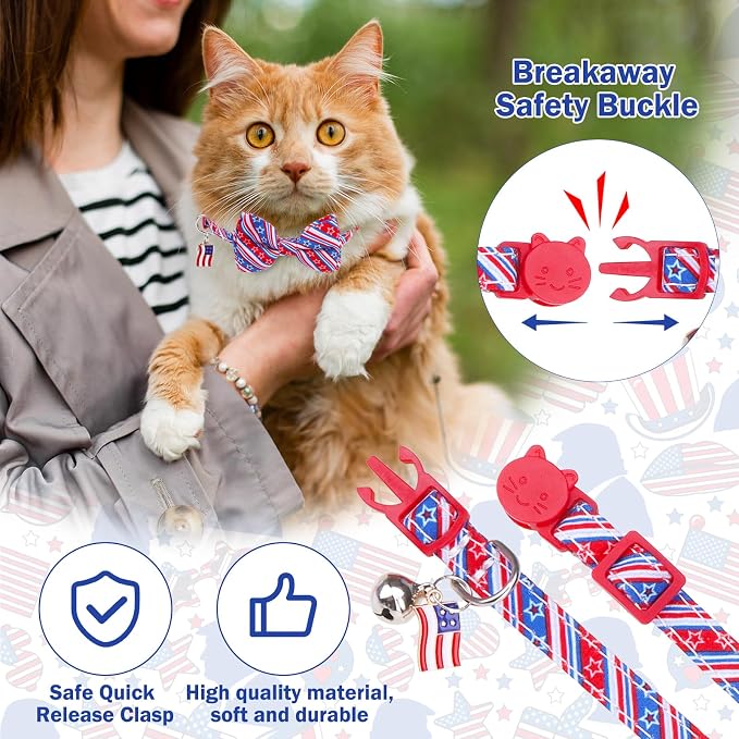 American Flag Cat Collar with Bell Bow Tie Star Breakaway - Image 4