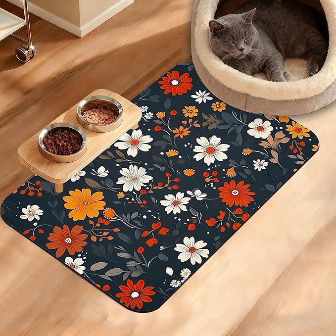 Floral Black Feeding Mat, Absorbent Quick-Dry Cat Dog Food and Water Bowl Mats by Unknown