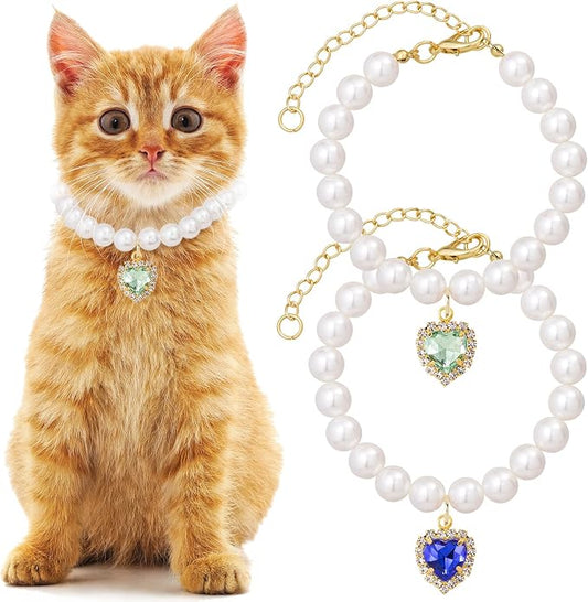 2pcs Cat Dog Pearl Collar, Small Heart Shape Rhinestone Pet Necklace, by Unknown