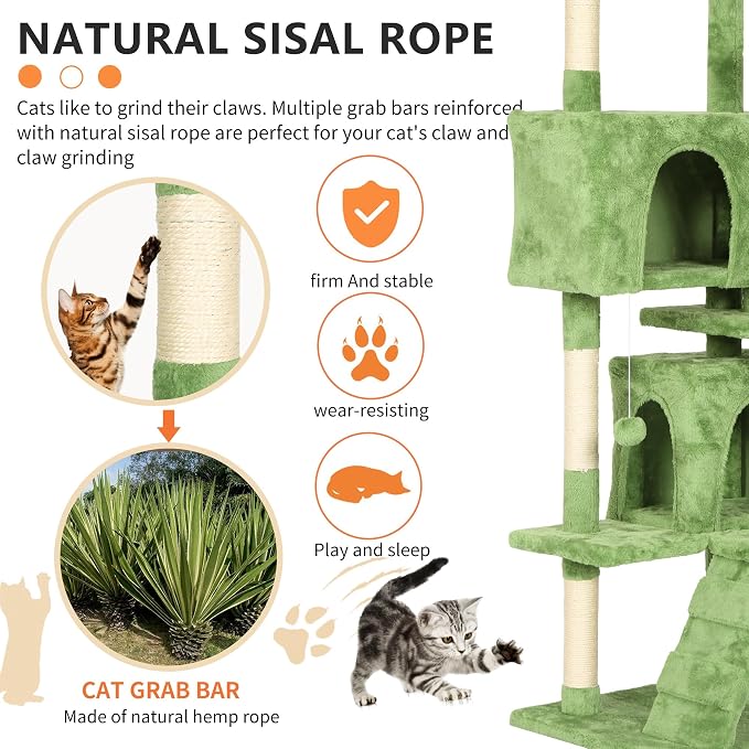 BestPet | 70" Cat Tree Tower | Green | Sturdy, Hanging Cat Toys, Observation - Image 4